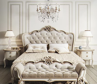 Elegant Double Bed with Ornate Carved Beige Upholstered Headboard Footstool Crystal Chandelier and Decorative Walls 3d model