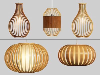 Modern Wooden Chandeliers with Various Geometric Shapes and Striped Design for Home Decor 3d model
