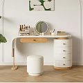 Modern White Wooden Dressing Table With Round Mirror Cosmetics Drawers White Stool And Green Plant