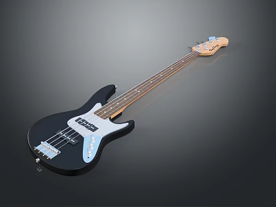 Black Electric Bass Guitar and Art Painting Supplies on Dark Background Surface 3d model