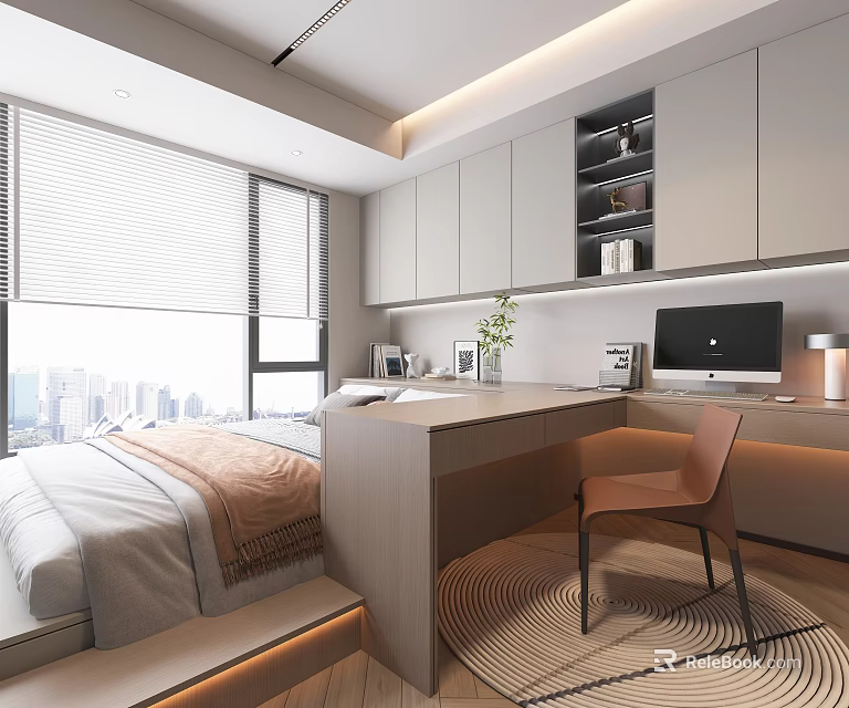 Modern Tatami Bedroom Interior With Tatami Bed Desk Chair Storage Cabinets And City View 3d model 
