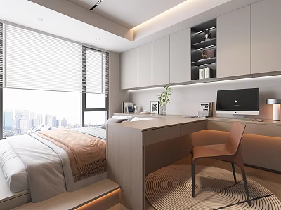 Modern Tatami Bedroom Interior With Tatami Bed Desk Chair Storage Cabinets And City View 3d model