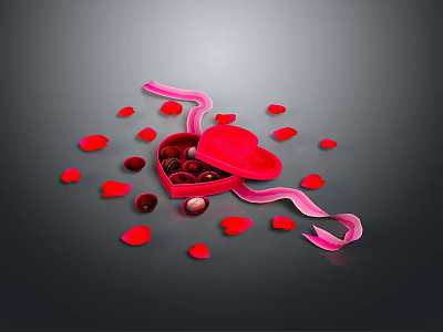 Red Heart Shaped Box With Chocolates And Pink Ribbon Surrounded By Rose Petals 3d model
