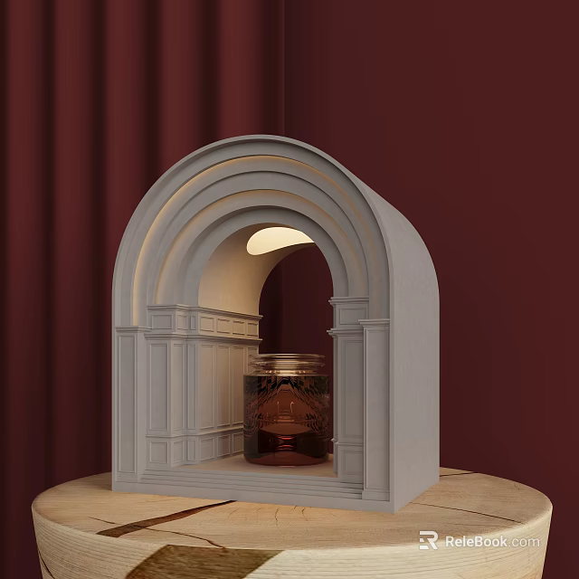 Arched Design Table Lamp With Light Colored Frame Warm Glow And Maroon Curtains Setting 3d model