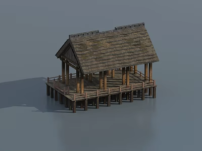 Traditional Rustic Thatched Roof Building With Wooden Structure And Stilted Platform 3d model