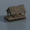 Traditional Rustic Thatched Roof Building With Wooden Structure And Stilted Platform