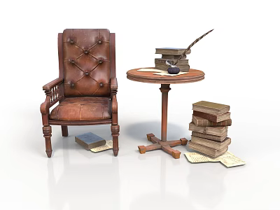 Vintage Brown Leather Armchair And Small Round Table With Quill Pen And Stacked Books 3d model