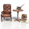 Vintage Brown Leather Armchair And Small Round Table With Quill Pen And Stacked Books