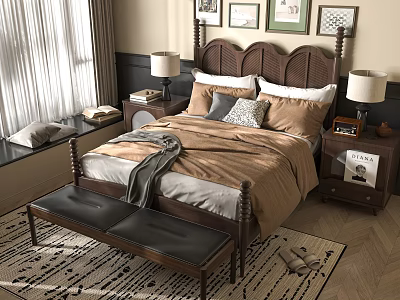 Cozy Bedroom Interior With Wooden Bed Nightstands Table Lamps Bench And Area Rug 3d model