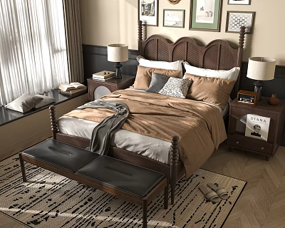Cozy Bedroom Interior With Wooden Bed Nightstands Table Lamps Bench And Area Rug 3d model