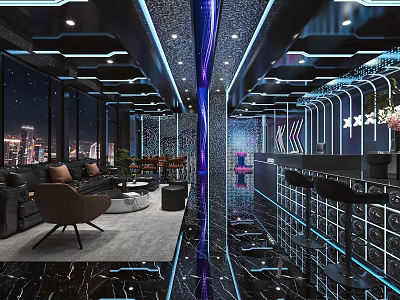 Luxurious Modern KTV Interior Design with Stylish Lighting Bar Counter Sofa and Night View Windows 3d model