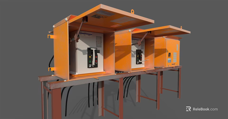 Orange Switch Panels with Open Covers Mounted on Metal Stands Industrial Setup 3d model 