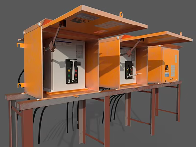 Orange Switch Panels with Open Covers Mounted on Metal Stands Industrial Setup 3d model