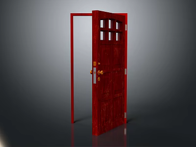 Architectural Red Wooden Door With Glass Panels Open And Metal Hardware 3d model