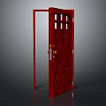 Architectural Red Wooden Door With Glass Panels Open And Metal Hardware
