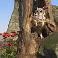 Majestic Owl Perched in Tree Hollow Surrounded by Rocks and Red Flowers
