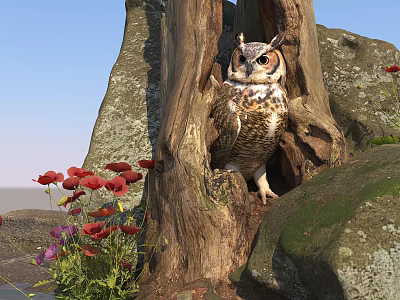 Majestic Owl Perched in Tree Hollow Surrounded by Rocks and Red Flowers 3d model