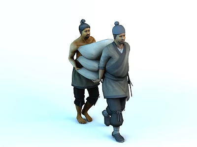 Two Ancient Characters In Traditional Clothing Carrying Sack While Walking Together 3d model