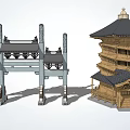 Chinese style archway wooden structure ancient tower 3d model