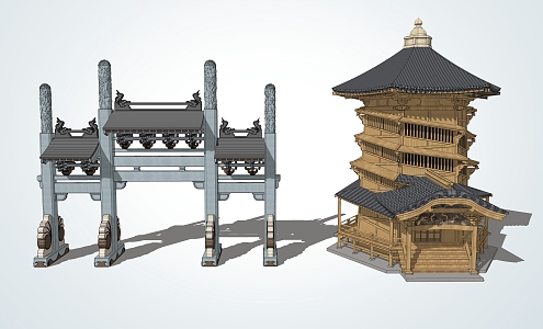 Chinese style archway wooden structure ancient tower 3d model