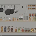 Organized Spice Jars On Kitchen Shelves With Hanging Utensils And Assorted Spices
