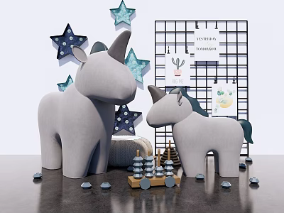 Cute Decorative Ornament Set With Unicorn Figurines Star Decorations Grid Shelf And Wooden Abacus 3d model