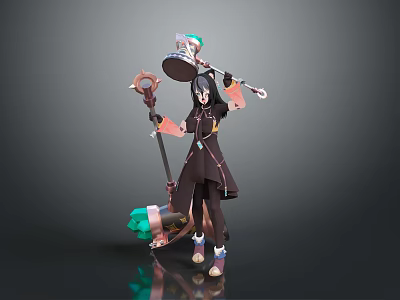 Fantasy Female Character In Dark Attire With Creature Inspired Staff And Mythical Accessories 3d model