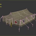 Durable Medical Furniture Setup In Red Cross Tent With Standing Person Nearby
