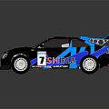 Black Racing Car With Blue Accents SAHARA Logo Number 7 And Rear Spoiler
