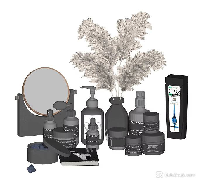 Perfume Cosmetics Elegant Collection With Mirror Decorative Plant Lotion Bottles Cream Jars and Box 3d model 