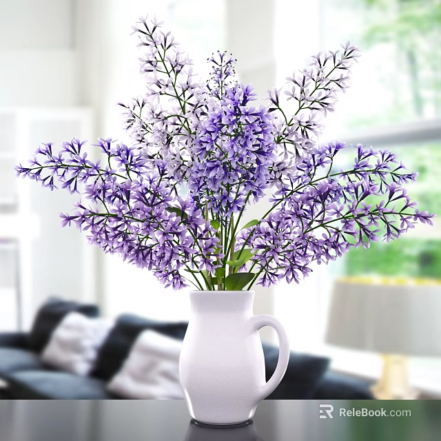 White Vase with Purple Flowers in Bright Living Room with Natural Light 3d model 