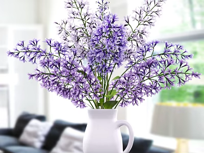 White Vase with Purple Flowers in Bright Living Room with Natural Light 3d model