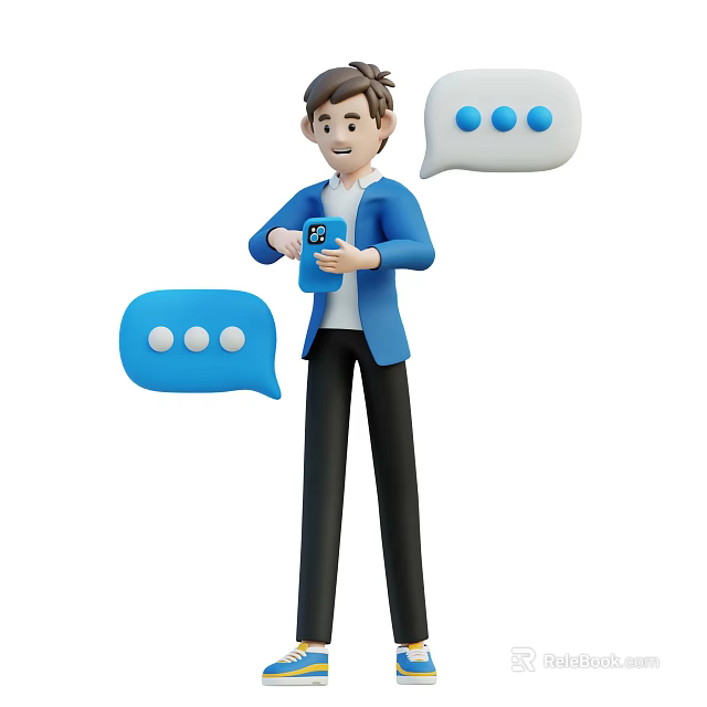 Man in Blue Jacket Holding Smartphone and Chatting with Blue Speech Bubbles 3d model 