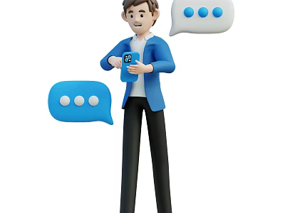 Man in Blue Jacket Holding Smartphone and Chatting with Blue Speech Bubbles 3d model