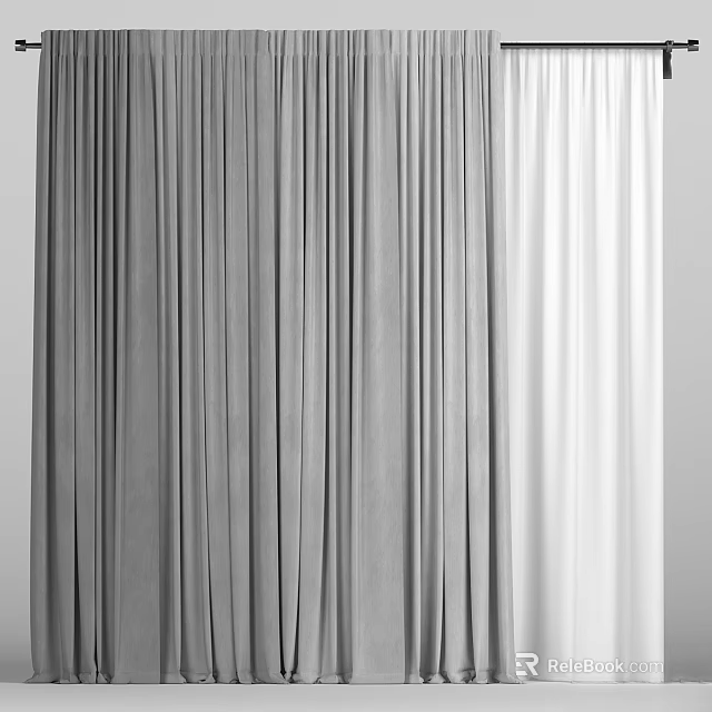 Gray And White Modern Fabric Curtains Hanging In Interior Space 3d model 