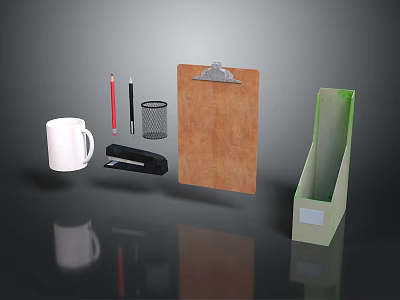 Office Desk Supplies With White Mug Red Black Pencils Stapler And File Box 3d model