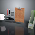 Office Desk Supplies With White Mug Red Black Pencils Stapler And File Box