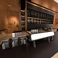Modern Café Interior Design With Black Tables Chairs Brown Walls Metallic Counter And Hanging Lights
