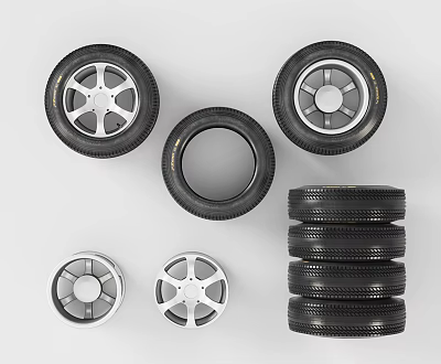 Car Tires with Wheel Rims Stacked and Displayed in Multiple Arrangements 3d model