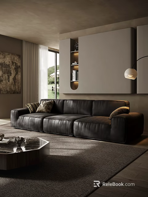 Black Leather Sectional Sofa in Modern Living Room with Coffee Table and Wall Art 3d model 
