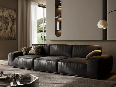 Black Leather Sectional Sofa in Modern Living Room with Coffee Table and Wall Art 3d model