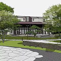 Traditional Garden Landscape With Pavilion Lush Trees Green Lawn And Winding Stone Paths
