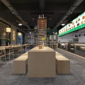 Modern Restaurant Interior With Menu Display Wooden Tables And Open Layout 3d model