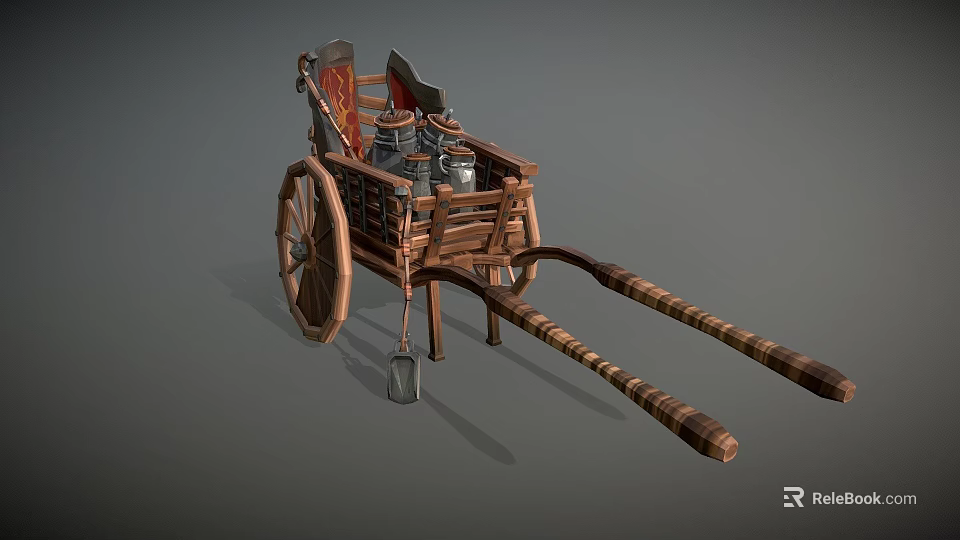 Wooden Horse Drawn Cart With Large Wheels Striped Poles And Pots 3d model 