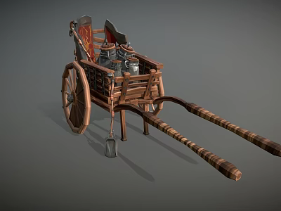 Wooden Horse Drawn Cart With Large Wheels Striped Poles And Pots 3d model