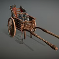 Wooden Horse Drawn Cart With Large Wheels Striped Poles And Pots