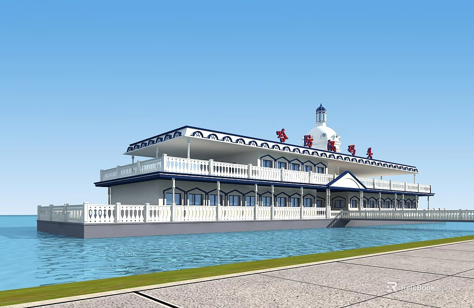 Scenic Waterfront Landscape Featuring White Building Blue Sky Water Surface And Green Lawn 3d model 