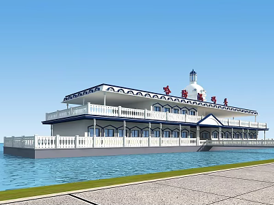 Scenic Waterfront Landscape Featuring White Building Blue Sky Water Surface And Green Lawn 3d model
