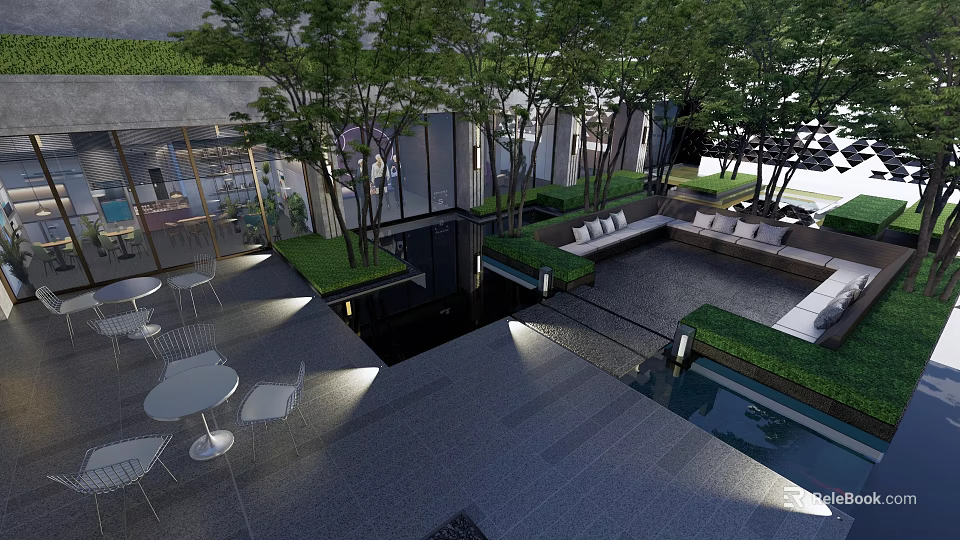Modern Courtyard Garden Design With Green Trees Water Feature And Seating Area 3d model 