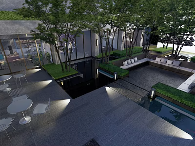 Modern Courtyard Garden Design With Green Trees Water Feature And Seating Area 3d model